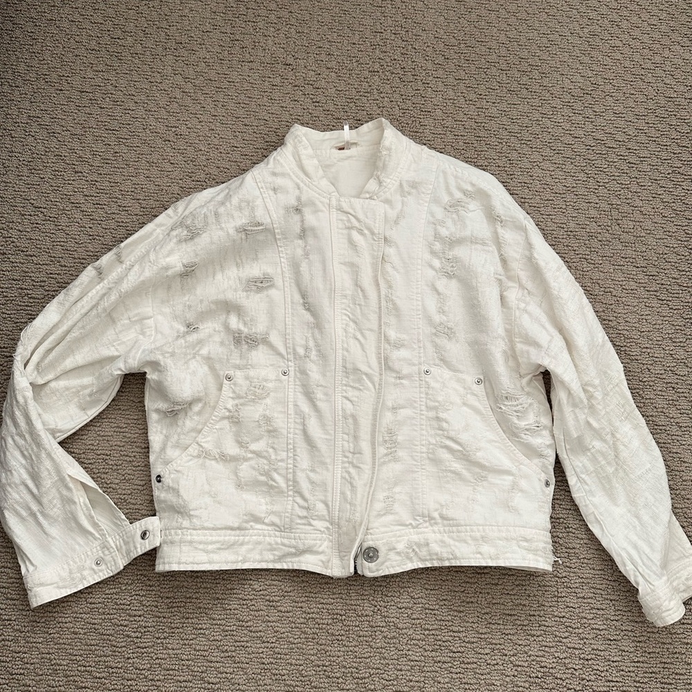 Free People White Distressed Moto Style Jacket